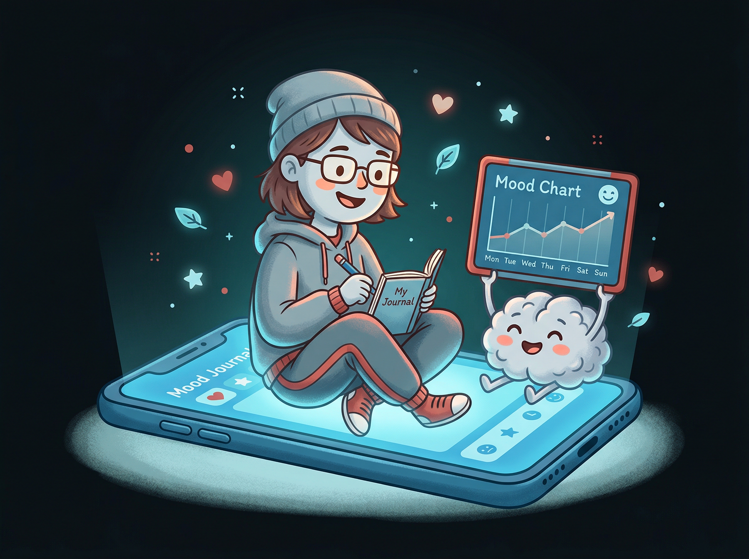 Illustration of a person journaling on a tablet with a mood chart and friendly brain character
